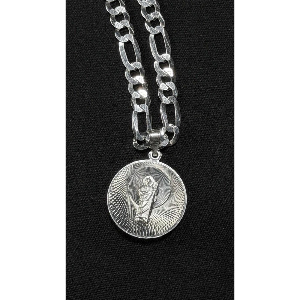 925 Sterling Silver Figaro Chain Necklace Saint Jude Virgin Mary Pendant 24 inch - Picture 8 of 9